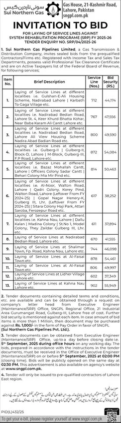 Sui Northern Gas Company Limited Lahore Tender Notice-1